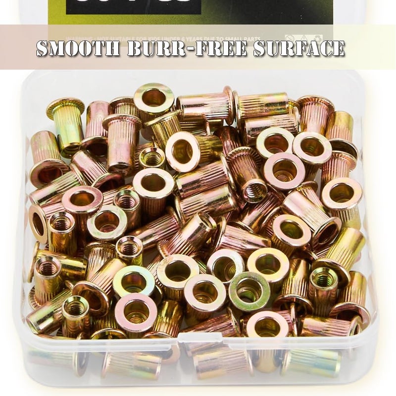 ZTF SAE 8-32 10-24 1/4-20 5/16-18 3/8 Inch-16UNC Rivet Nut Assortment Kit, Yellow Zinc Flat Head Rivnut Set, Threaded Insert Nutsert Rivnuts for Metal, Plastic, Fiberglass (#10-24UNC) - Image 2